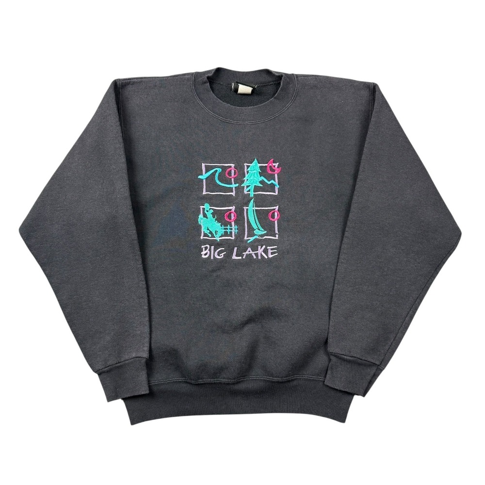 Vtg 90s Big Lake Crewneck Sweatshirt Men Large Black Faded Embroidered USA Made